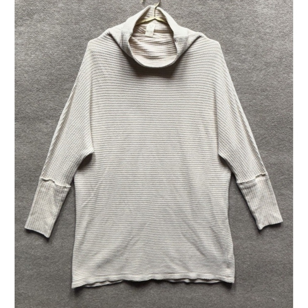 We The Free People Kitty Thermal Tunic Top Women M Long Beige Funnel Neck EUC
